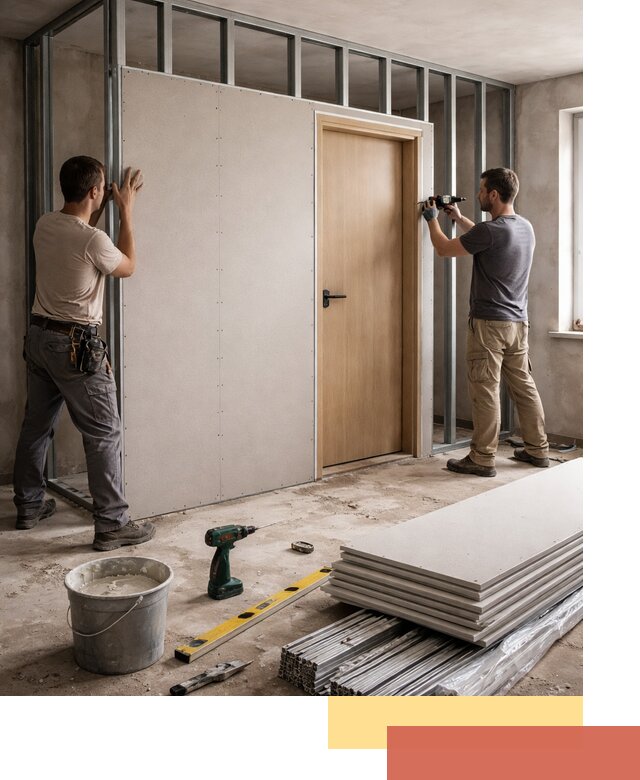 Перегородка из гипсокартона с дверью под ключ в Тюмени