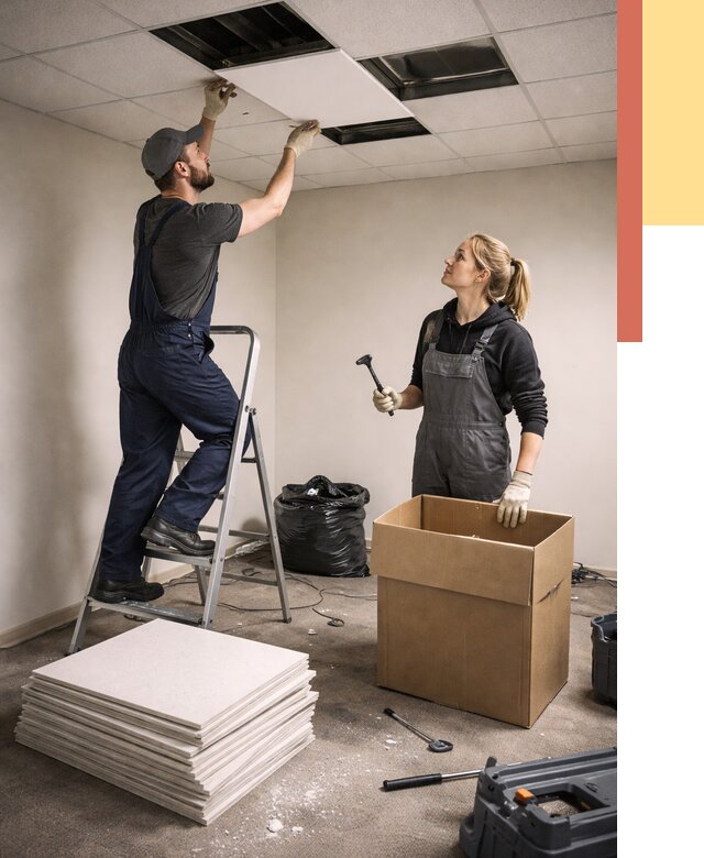 Демонтаж потолочной плитки в Тюмени от 4593 руб. быстро и недорого | ОТДЕЛОЧНИК-Тюм