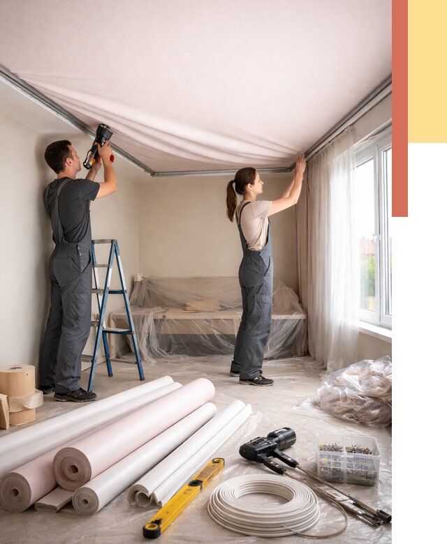 Монтаж цветного натяжного потолка в Тюмени от 4287 руб/м² — быстро и недорого | ОТДЕЛОЧНИК-Тюм