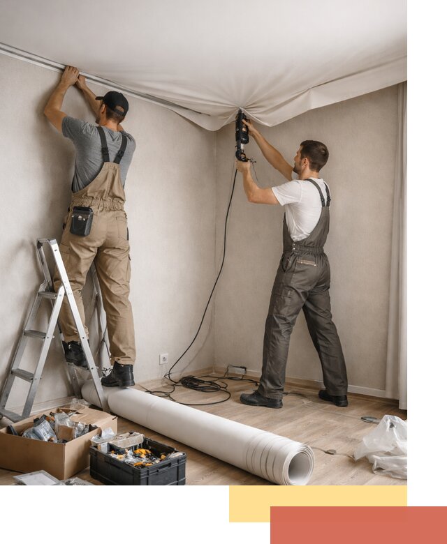 Монтаж цветного натяжного потолка в Тюмени за один день