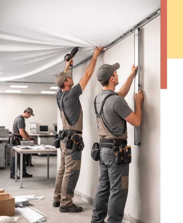 Монтаж натяжного потолка в офисе в Тюмени от 459 руб/м² — быстро и недорого | ОТДЕЛОЧНИК-Тюм