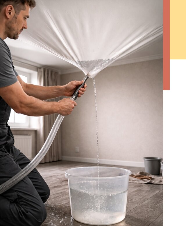 Слив воды с натяжного потолка в Тюмени от 2552 руб. быстро и недорого | ОТДЕЛОЧНИК-Тюм