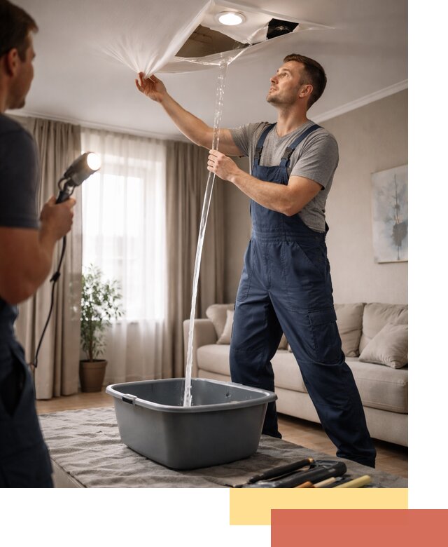 Слив воды с натяжного потолка в Тюмени быстро и аккуратно