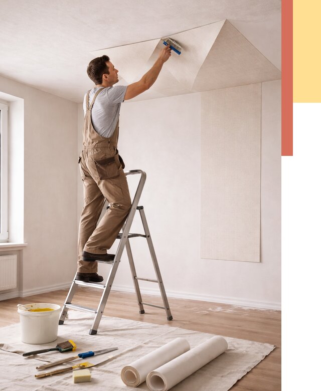 Поклейка обоев на потолок в Тюмени от 4593 руб. быстро и недорого | ОТДЕЛОЧНИК-Тюм